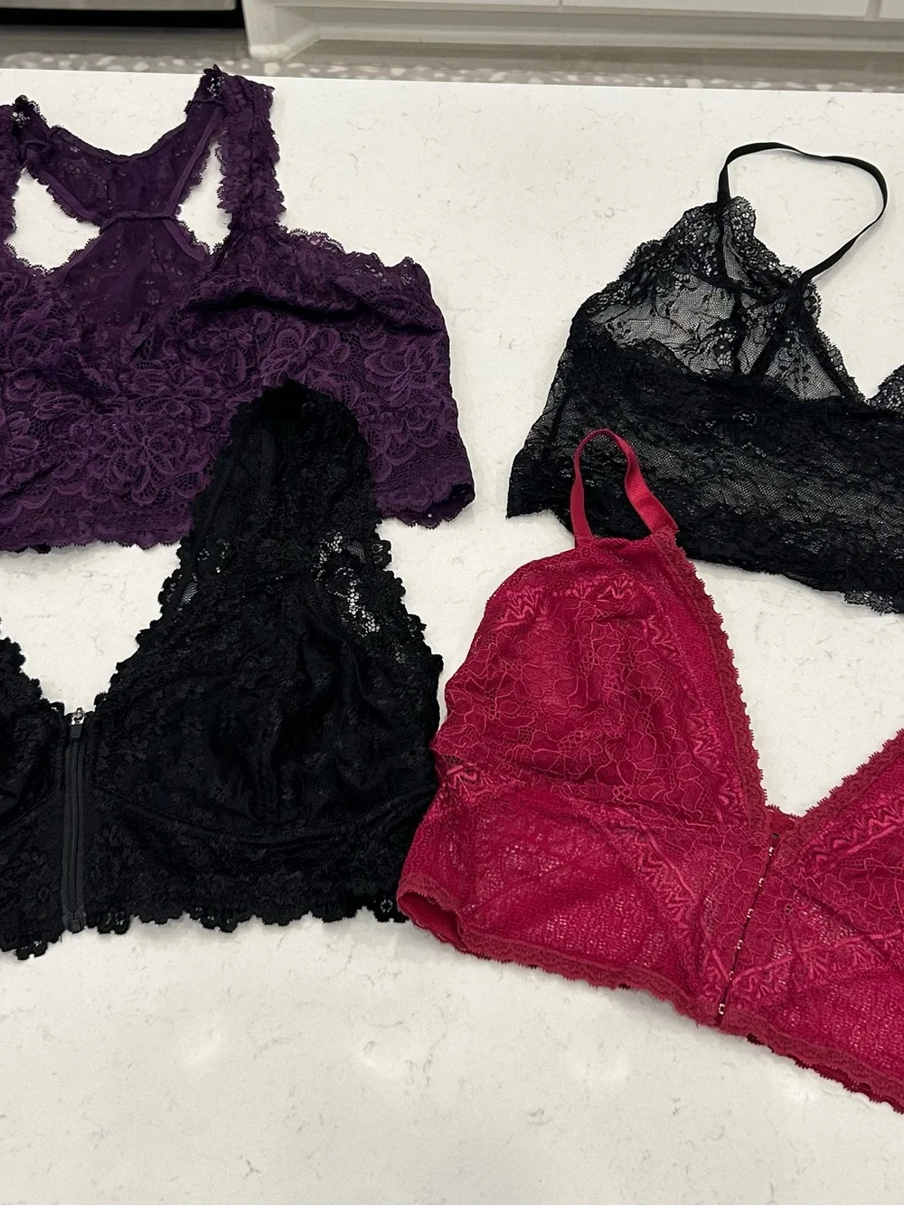 Rene Rofe Lace Bralette Set — Plum, Black, and Deep Pink